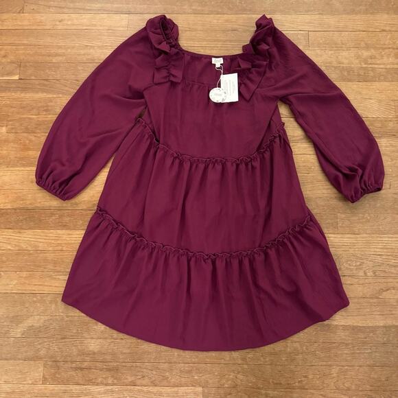 NWT Oddy plum long sleeve knee length ruffled a-line dress size medium M b9 - Picture 1 of 4